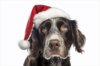 Portrait of dog with red Christmas Santa hat on white background. KI generiert, generiert AI