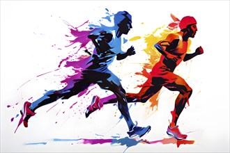 Illustration of dynamic runner mid action on a vibrant splash paint background, AI generated