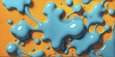 Abstract wallpaper with colorful turquoise and yellow blobs and liquid shapes on a orange