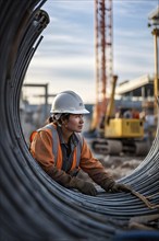 Portrait of a female construction worker with a white helmet, AI generated