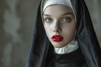 Face of young woman with red lipstick and christian nun habit with veil. Generative Ai, AI