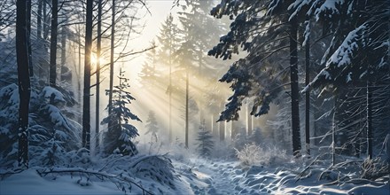 Fog covered forest in winter with snow covered trees and a mystic golden sunlight, AI generated