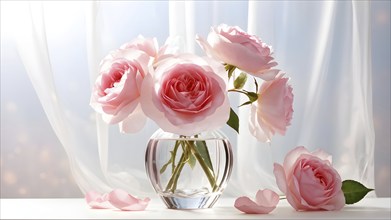 Transparent crystal glass vase with pink blooming roses, AI generated