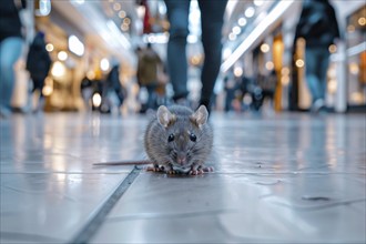 Close up of small rat in shopping mall in city. Generative Ai, AI generated