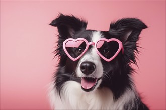 Collie dog with pink heart shaped Valentine's day glasses in front of pink studio background. KI