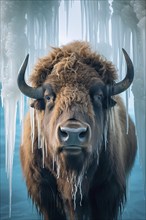 Large male bison covered with ice walking in snow, AI generated