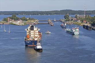 Cargo ships waiting in front of the lock, Kiel Canal, Holtenau, Kiel, Schleswig-Holstein, Germany,