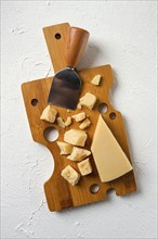 Hard cheese, parmesan, on a cutting board, cheese knife, grater, top view, no people