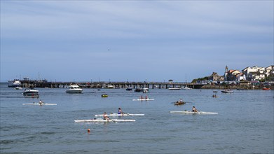 People in kayaks on Swanage Bay, Swanage, Dorset, England, United Kingdom, Europe