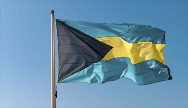 The flag of the Bahamas flutters in the wind, isolated against a blue sky