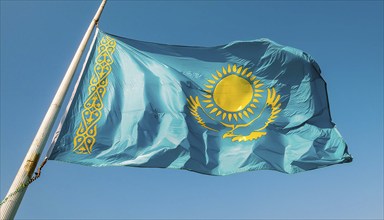 The flag of Kazakhstan flutters in the wind, isolated against a blue sky