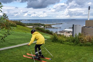 CopenHill, waste incineration plant and artificial ski slope, skiing with a view of the Øresund, 90