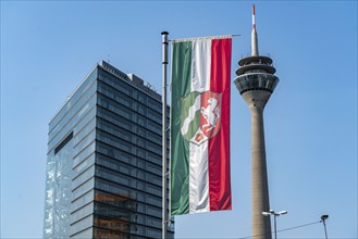 City gate building, Rhine Tower, North Rhine-Westphalia State flag, Düsseldorf, North