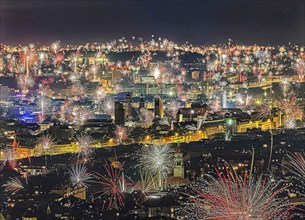 Stuttgart welcomes the New Year 2024 with fireworks over the city centre. In the centre of the