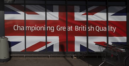 Aldi poster about championing Great British quality using Union Jack flag, Martlesham, Suffolk,