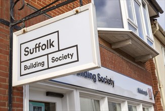 Close up of Suffolk Building Society sign mounted on wall of building, Aldeburgh, Suffolk, England,