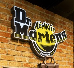 Dr Martens shoeshop interior, Bath, Somerset, England, UK, Air Wair bouncing soles