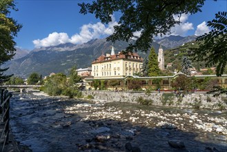 City view, skyline of Merano, river Passer, South Tyrol, Italy, Europe