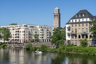 The city centre of Mülheim an der Ruhr, Ruhrpromenade, residential and commercial buildings,