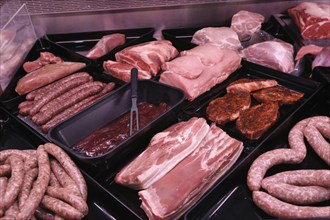 Variation of fine meat products in the butcher's shop