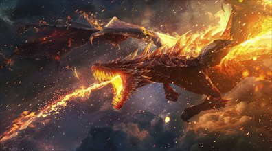 Flying dragon is spewing fire from its mouth, AI generated