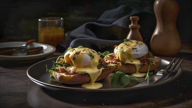 Delicious fresh eggs benedict breakast plate on table, generative AI, AI generated