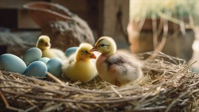 Cute newborn chick next to colorful easter eggs, generative AI, AI generated