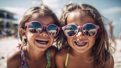 Two young girlfriends posing wearing sunglasses having fun on the beach, generatvie AI, AI