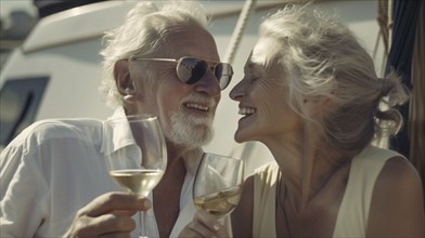 Senior caucasian couple enjoying drinks on the deck of their yacht in the ocean, generatvie AI, AI