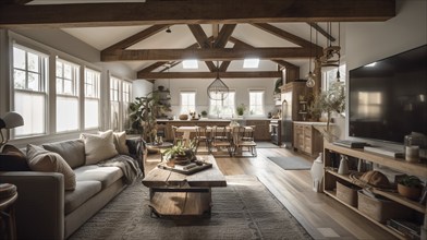 Custom home interior with exposed wooden beams, generatvie AI, AI generated