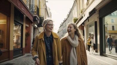 Two lesbian girlfriends walking along the streets of europe, generatvie AI, AI generated