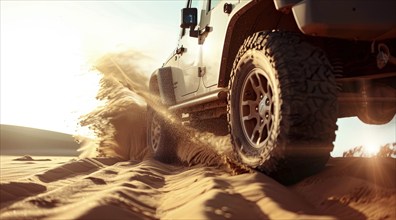 Off-road 4x4 vehicle is driving through a desert with a sun in the background, AI generated