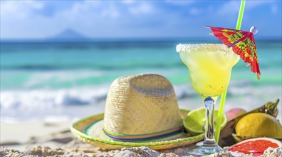 Straw hat and sunglasses lying on a beach. A concept of relaxing caribbean vacation near the ocean,