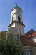 Tower of the baroque St Andrew's Church, 1697-1717, Stadtamhof, Regensburg, Upper Palatinate,