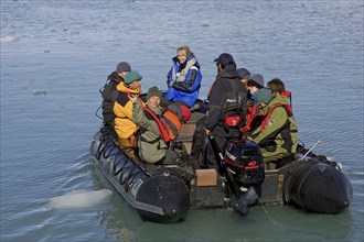 Zodiac boat with photographers, Norway, Svalbard Spitsbergen, Lilliehooksfjorden, Norway, Europe