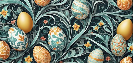 A whimsical abstract pattern with intertwined ribbons, eggs, and floral motifs, with a mix of sharp