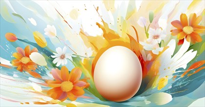 An energetic, abstract explosion of spring colors with egg and flower motifs subtly integrated,