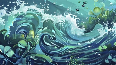 Illustration of swirling ocean waves and recycling symbols to represent clean oceans and