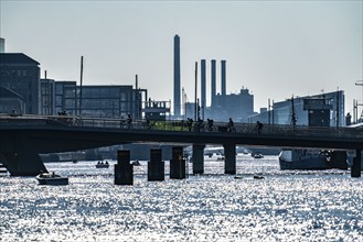 View over the harbour, the pedestrian and cycle bridge Inderhavnsbroen, skyline at Sydhavnen in the