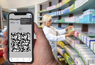 Symbolic image of an e-prescription, prescription issued by a doctor, with QR code, is scanned