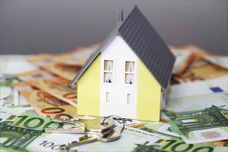 Concept photo with model house, euro notes and coins