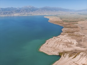 Aerial view, erosion landscape on the Naryn River, Toktogul Reservoir, Kyrgyzstan, Asia