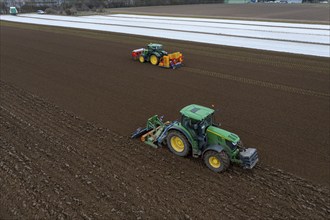 Lettuce plants are planted with a planting machine, tractor with roundabout harrow prepares the