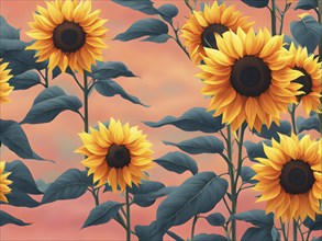 Abstract illustration of a field of sunflowers backlight with beautiful sunrise, AI generated