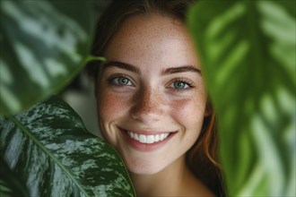 Young woman between leaves of tropical houseplants. Generative Ai, AI generated