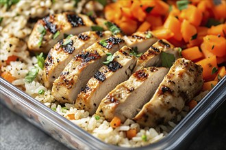 Close up of meal prep with healthy grilled chicken breast, carrots and rice. Generative Ai, AI