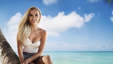 An attractive young woman on the beach sits on a palm tree in the Caribbean