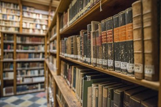 Beautiful library with old books, Benedictine Abbey Maria Laach, Eifel, Rhineland-Palatinate,