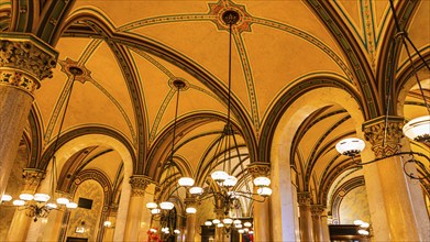 Chandeliers, columns and vaulted ceilings in Cafe Central, Herrengasse, Vienna, Austria, Europe