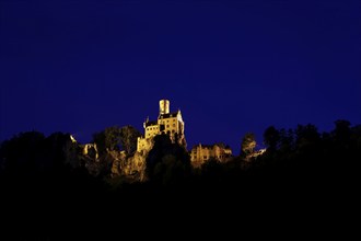 Lichtenstein Castle, night shot, artificial light, fairytale castle of Württemberg, illuminated,